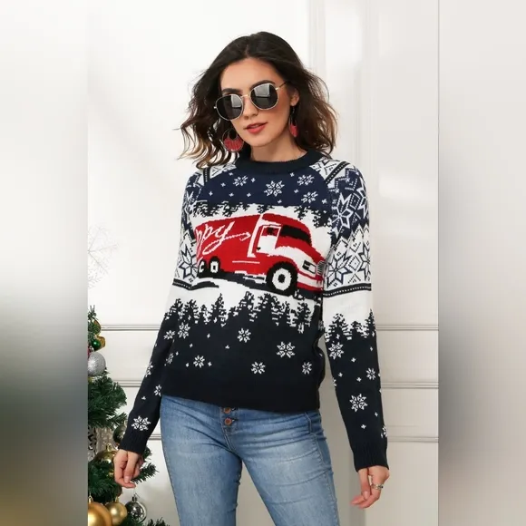 HAPPY Semi Truck Knit Fair Isle Geometric Snowflake Classic Pullover Sweater Top