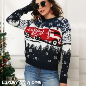 HAPPY Semi Truck Knit Fair Isle Geometric Snowflake Classic Pullover Sweater Top