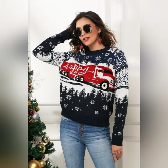 HAPPY Semi Truck Knit Fair Isle Geometric Snowflake Classic Pullover Sweater Top
