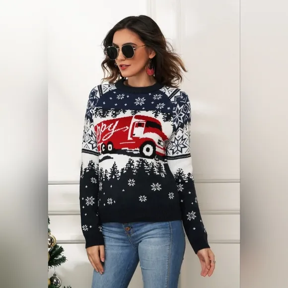 HAPPY Semi Truck Knit Fair Isle Geometric Snowflake Classic Pullover Sweater Top