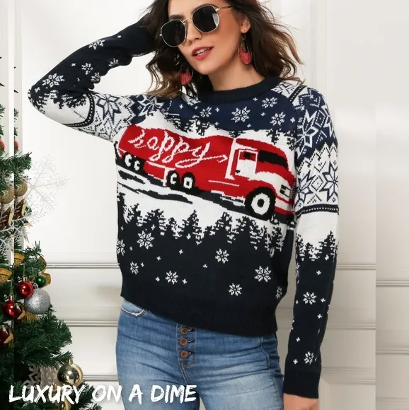 HAPPY Semi Truck Knit Fair Isle Geometric Snowflake Classic Pullover Sweater Top
