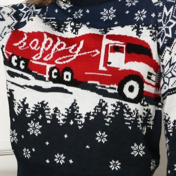 HAPPY Semi Truck Knit Fair Isle Geometric Snowflake Classic Pullover Sweater Top