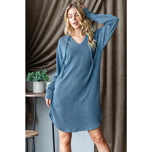 Heimish Solid Long Sleeves Urban Ribbed Drawstring Hooded Mini Dress | Denim