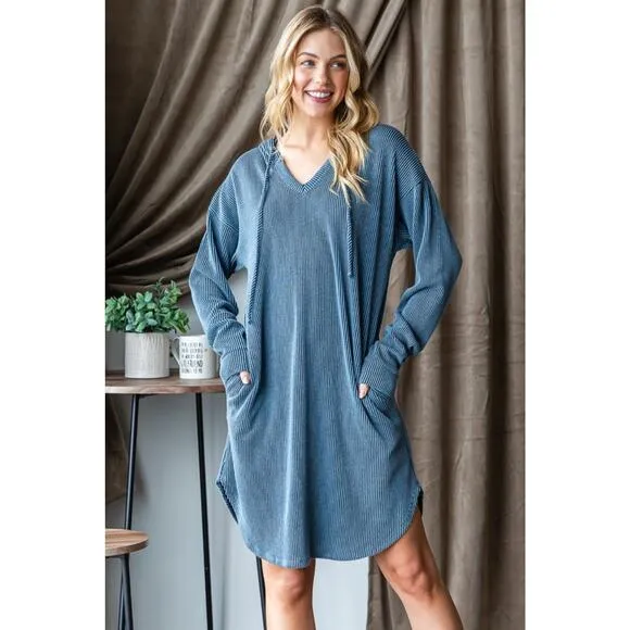 Heimish Solid Long Sleeves Urban Ribbed Drawstring Hooded Mini Dress | Denim