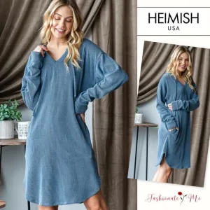 Heimish Solid Long Sleeves Urban Ribbed Drawstring Hooded Mini Dress | Denim