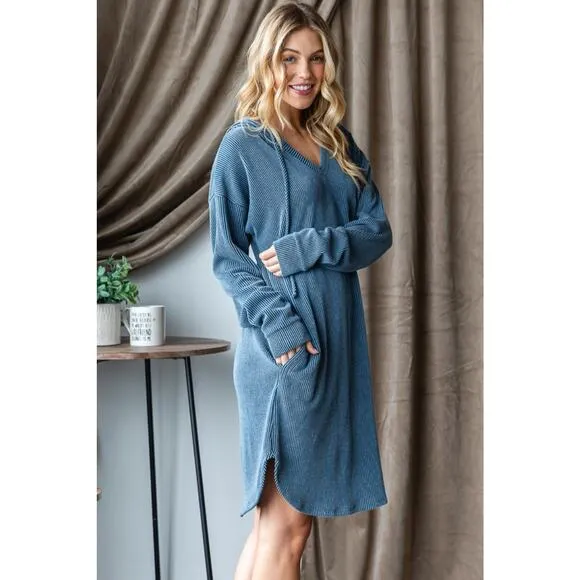 Heimish Solid Long Sleeves Urban Ribbed Drawstring Hooded Mini Dress | Denim
