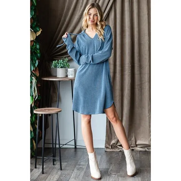 Heimish Solid Long Sleeves Urban Ribbed Drawstring Hooded Mini Dress | Denim