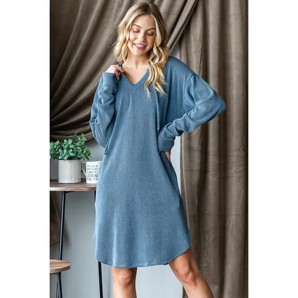 Heimish Solid Long Sleeves Urban Ribbed Drawstring Hooded Mini Dress | Denim