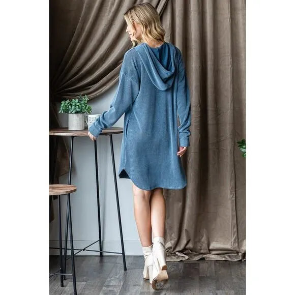Heimish Solid Long Sleeves Urban Ribbed Drawstring Hooded Mini Dress | Denim