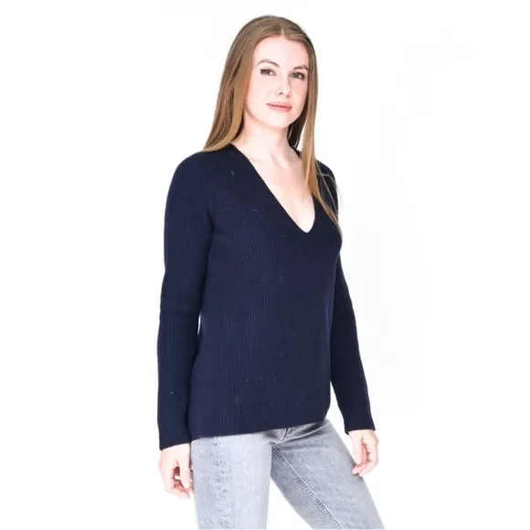 HELMUT LANG Blue Knit Wool Cashmere V Neck Sweater