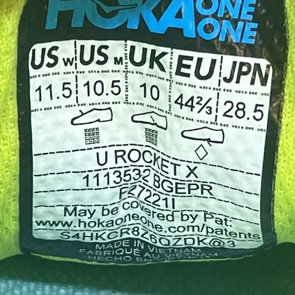 Hoka One One U Rocket X  Running Shoes Men's 10.5 womens 11.5  Neon Yellow Light