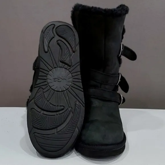 💥HOT ITEM💥UGG  BECKET LEATHER &amp; WOOL SHEARLING MOTO BOOTS in BLACK
