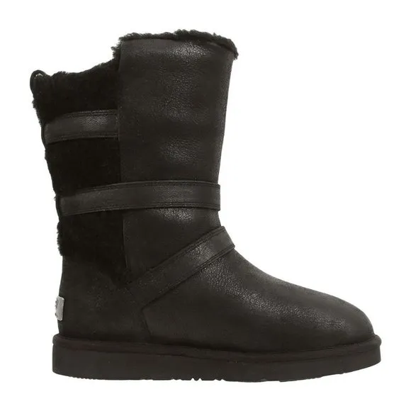 💥HOT ITEM💥UGG  BECKET LEATHER &amp; WOOL SHEARLING MOTO BOOTS in BLACK