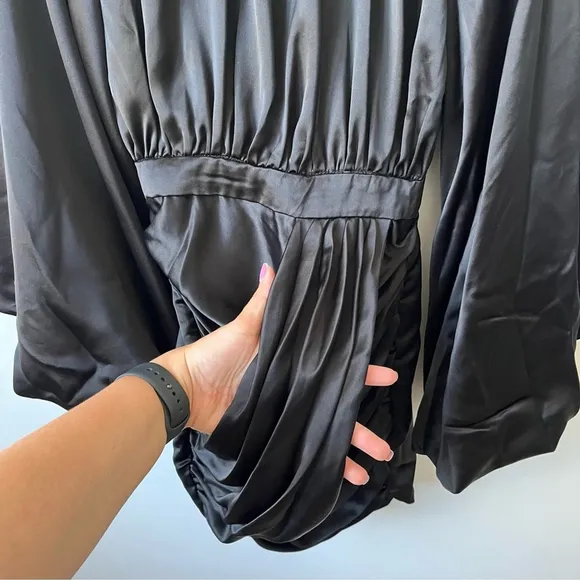 House of CB Khristen Black Satin Balloon Sleeve Ruched Dress Size XS