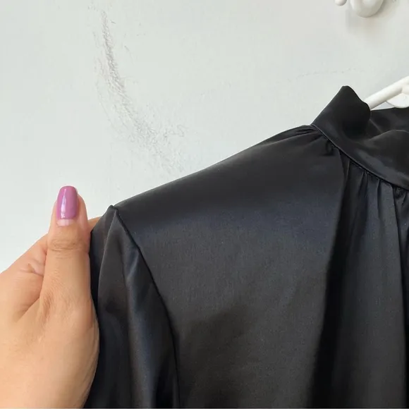 House of CB Khristen Black Satin Balloon Sleeve Ruched Dress Size XS