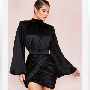 House of CB Khristen Black Satin Balloon Sleeve Ruched Dress Size XS