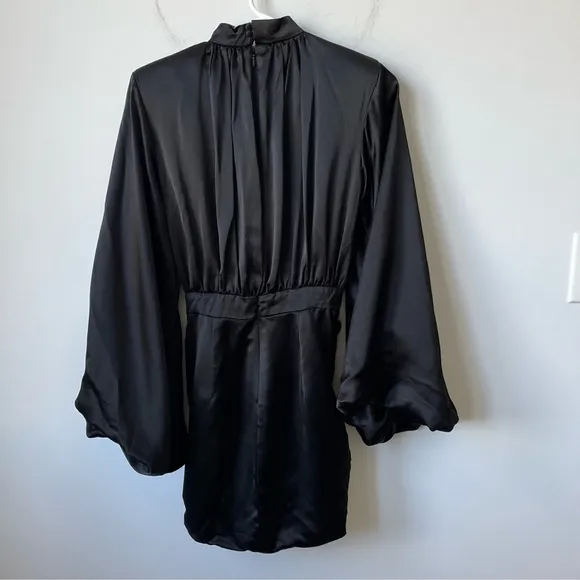House of CB Khristen Black Satin Balloon Sleeve Ruched Dress Size XS