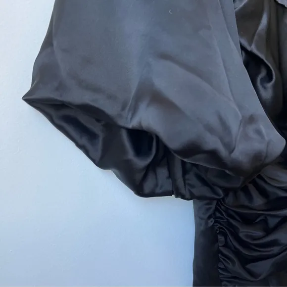 House of CB Khristen Black Satin Balloon Sleeve Ruched Dress Size XS