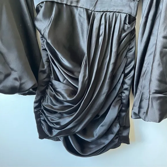 House of CB Khristen Black Satin Balloon Sleeve Ruched Dress Size XS