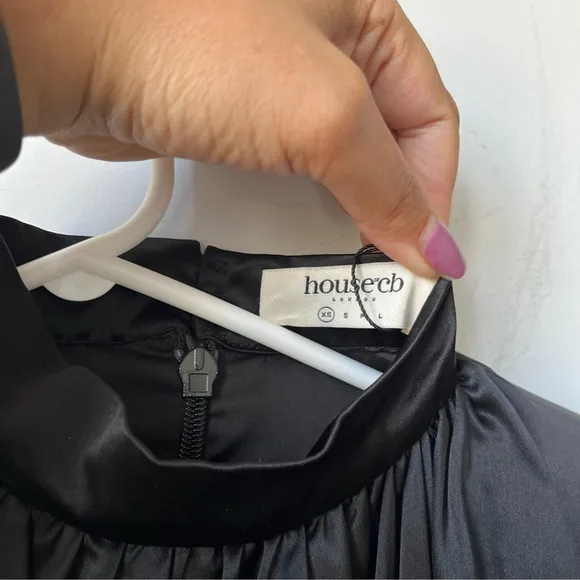 House of CB Khristen Black Satin Balloon Sleeve Ruched Dress Size XS