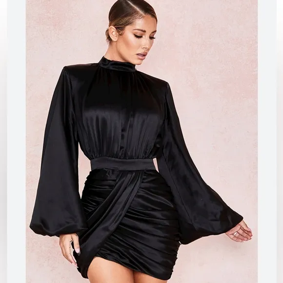 House of CB Khristen Black Satin Balloon Sleeve Ruched Dress Size XS