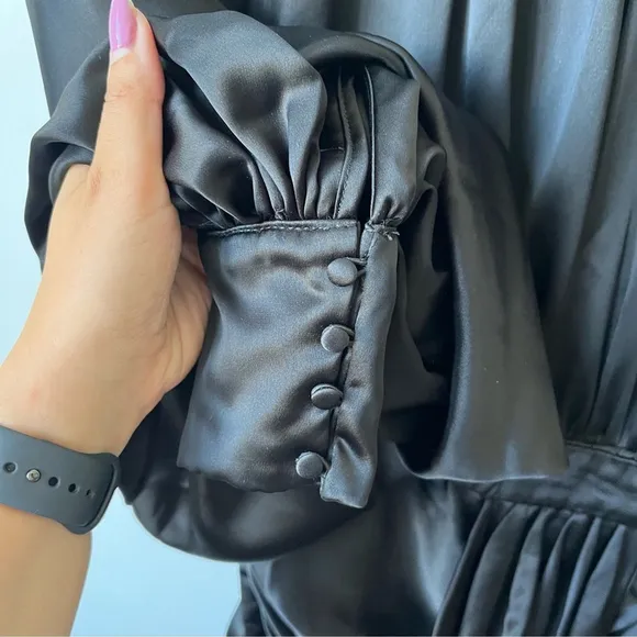 House of CB Khristen Black Satin Balloon Sleeve Ruched Dress Size XS