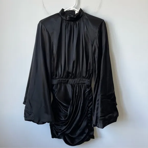 House of CB Khristen Black Satin Balloon Sleeve Ruched Dress Size XS