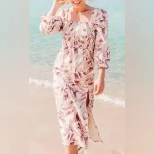 House of Harlow 1960 women’s linen 3/4 sleeve floral summer beach midi dress XS
