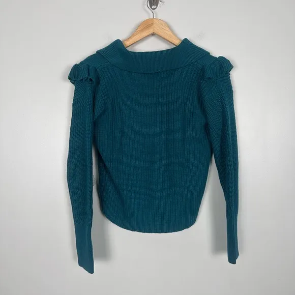 HYACINTH HOUSE Teal Ruffle Casey Collared V-Neck Sweater