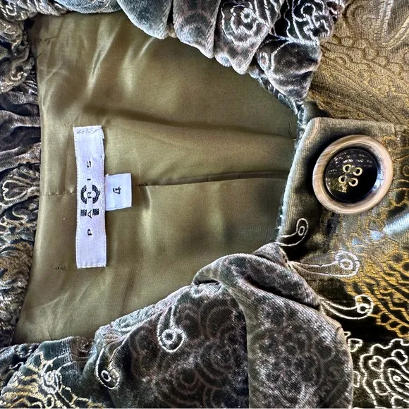 IC Paris Velvet olive Green Silver Paisley Print Silk Blazer Dressy Coat Size 4