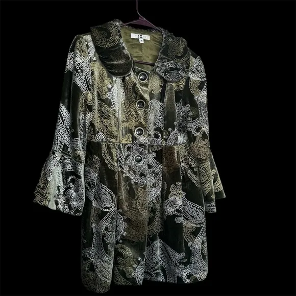 IC Paris Velvet olive Green Silver Paisley Print Silk Blazer Dressy Coat Size 4