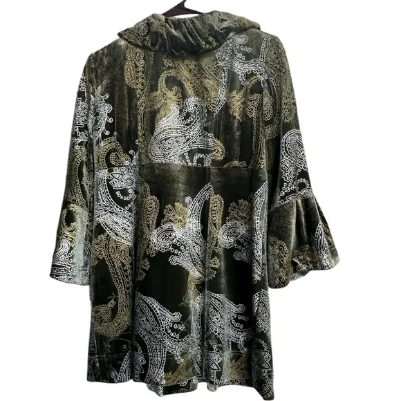 IC Paris Velvet olive Green Silver Paisley Print Silk Blazer Dressy Coat Size 4