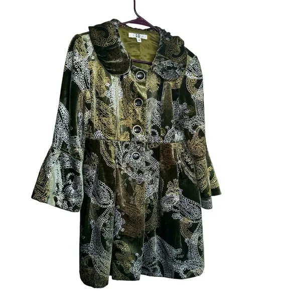 IC Paris Velvet olive Green Silver Paisley Print Silk Blazer Dressy Coat Size 4