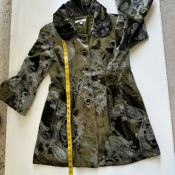 IC Paris Velvet olive Green Silver Paisley Print Silk Blazer Dressy Coat Size 4