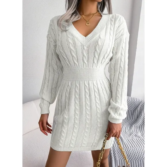 Ivory V-Neck Sweater Dress