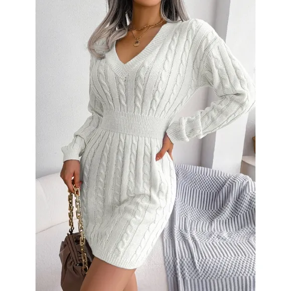 Ivory V-Neck Sweater Dress