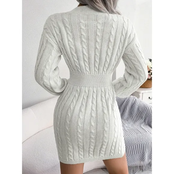 Ivory V-Neck Sweater Dress