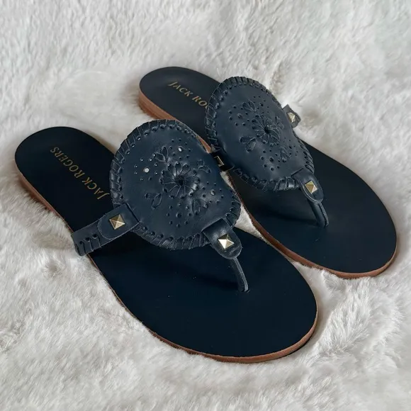 JACK ROGERS 10 Georgica Leather Medallion Toe Post Sandals in Midnight Navy Blue