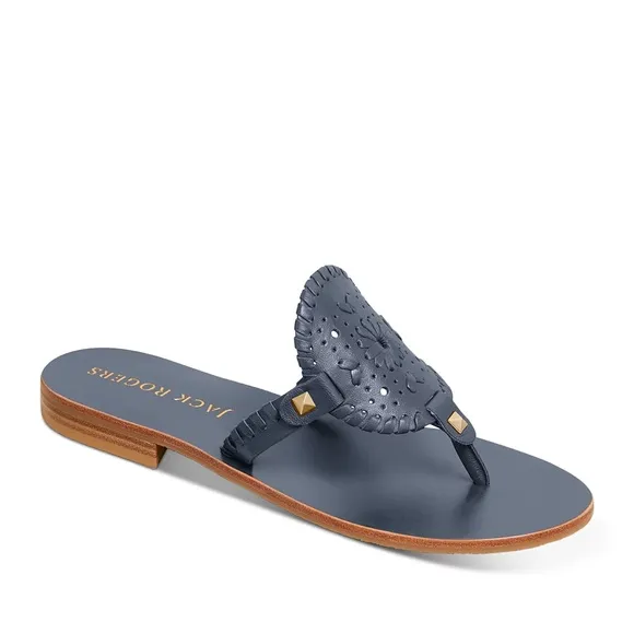JACK ROGERS 10 Georgica Leather Medallion Toe Post Sandals in Midnight Navy Blue