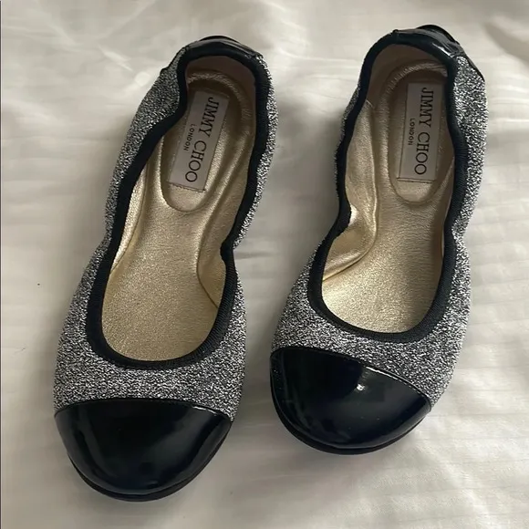 Jimmy Choo Metallic Black Winnie Cap Toe Scrunch Ballet Flats 35.5 US 5.5