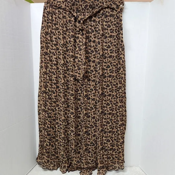 Joie Brown Black Animal Pattern Pleated Elastic Waist Skirt L Leopard New