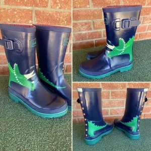 Joules Kids Rain Boots Blue Green Dinosaur Size 4