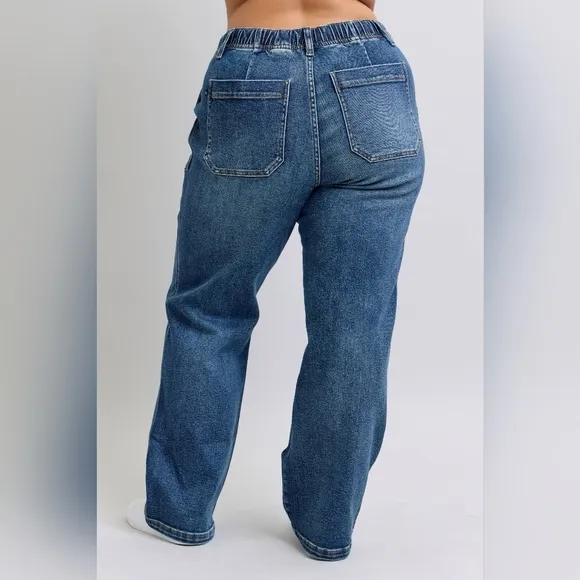 Judy Blue Elastic Drawstring Waist High-Rise Mom Jeans Wide Leg Denim Pants PLUS