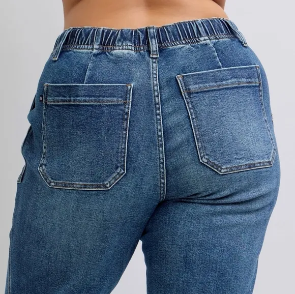 Judy Blue Elastic Drawstring Waist High-Rise Mom Jeans Wide Leg Denim Pants PLUS