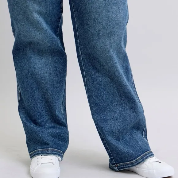 Judy Blue Elastic Drawstring Waist High-Rise Mom Jeans Wide Leg Denim Pants PLUS