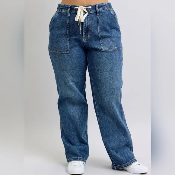 Judy Blue Elastic Drawstring Waist High-Rise Mom Jeans Wide Leg Denim Pants PLUS