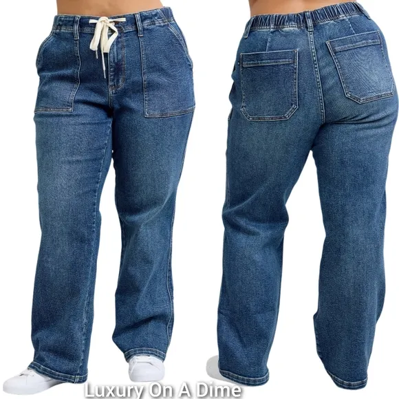 Judy Blue Elastic Drawstring Waist High-Rise Mom Jeans Wide Leg Denim Pants PLUS