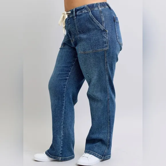 Judy Blue Elastic Drawstring Waist High-Rise Mom Jeans Wide Leg Denim Pants PLUS
