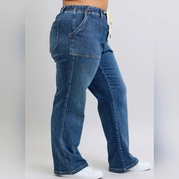 Judy Blue Elastic Drawstring Waist High-Rise Mom Jeans Wide Leg Denim Pants PLUS