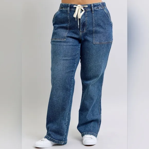Judy Blue Elastic Drawstring Waist High-Rise Mom Jeans Wide Leg Denim Pants PLUS